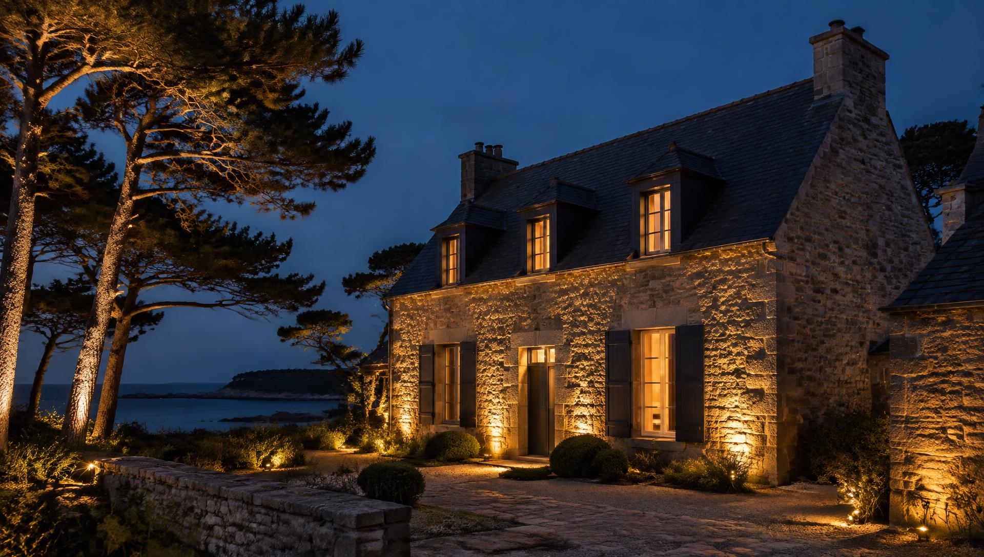 Maison bretonne en granit éclairée à l'heure bleue, pins maritimes mis en lumière