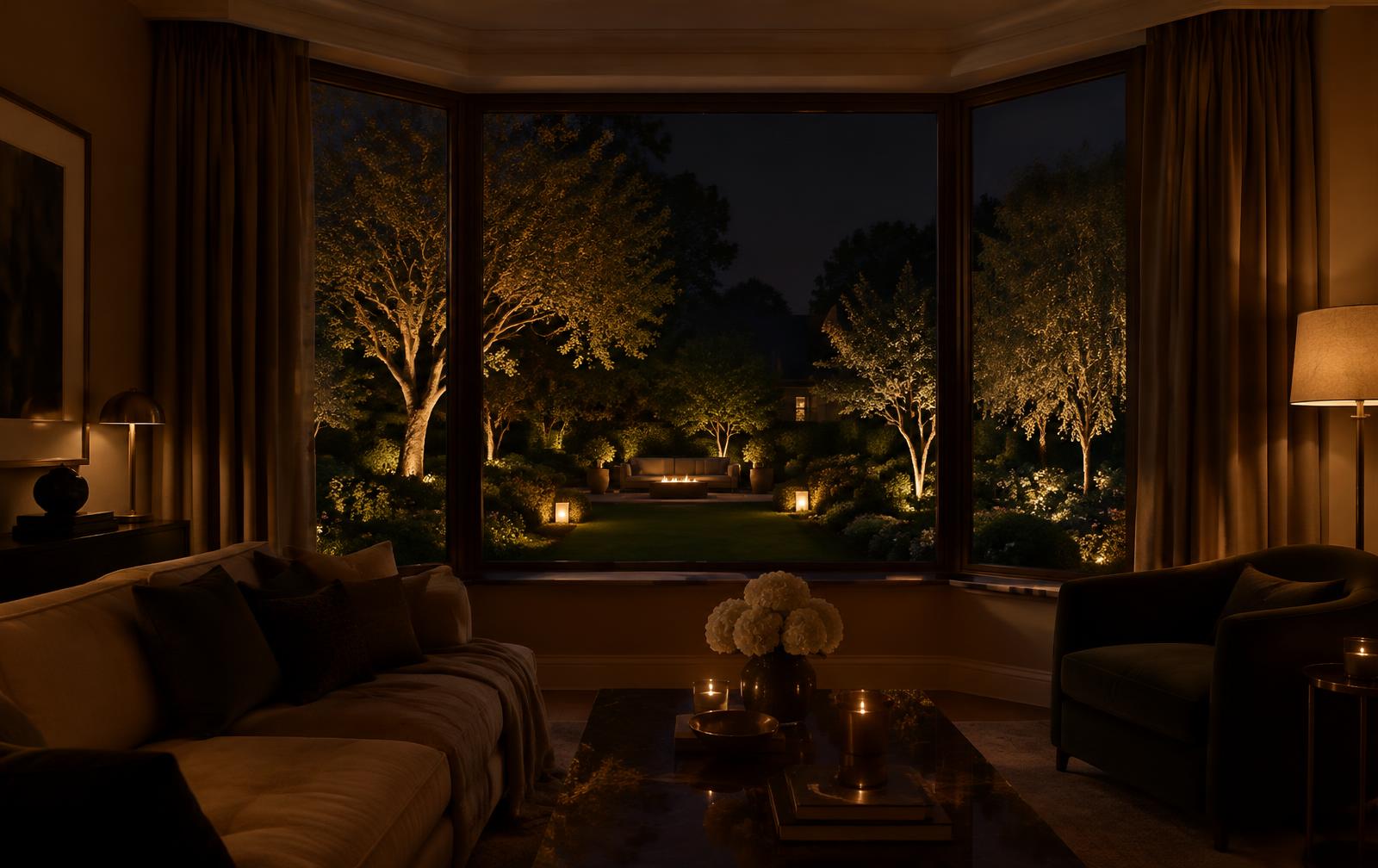 Jardin éclairé vu depuis un salon, le soir